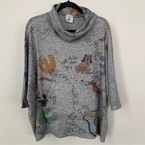 Inoah Gray Cowl Neck Dog Print Dolman Sleeve Top Size S